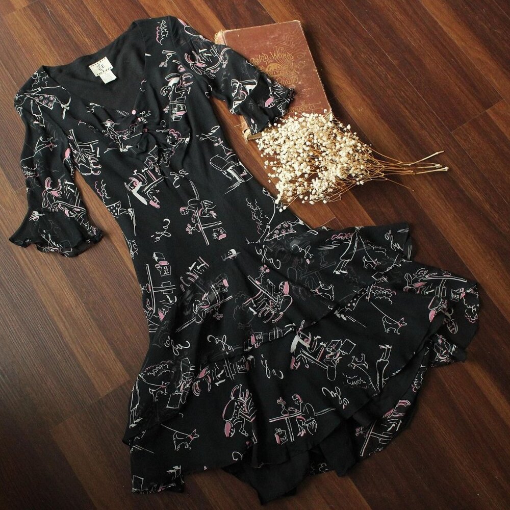 Vintage 1990s Dress, Ice Black Silk Cafe Print Frock, Does 1930s